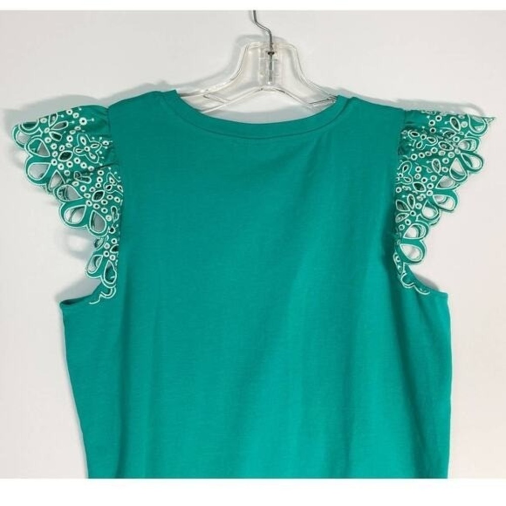 Chico's Eyelet Flutter Cap Sleeve Tee Tropical Jade Teal Lace Stretch - L - Picture 10 of 12